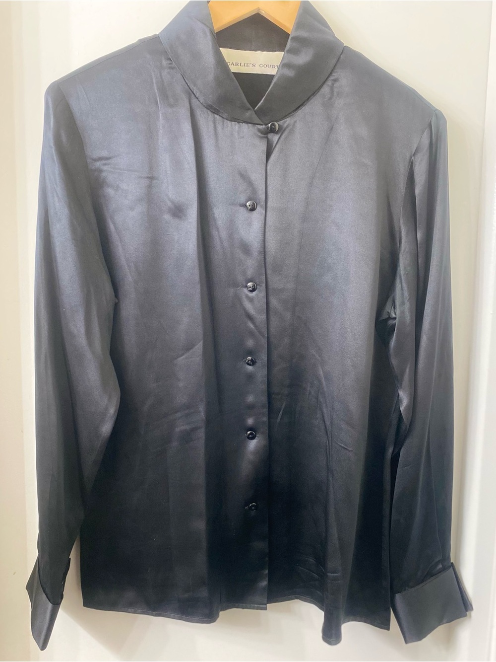 Classic Black Satin Mandarin-Collar Button-Down Shirt